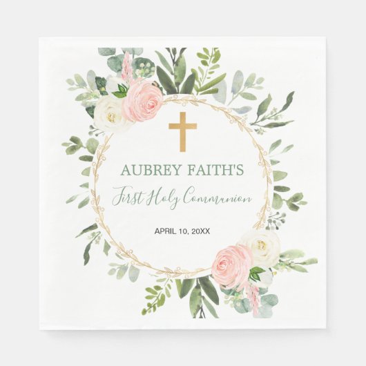 ピンク金ゴールドの緑のユーカリ第一聖餐式 スタンダードランチョンナプキン (正面)