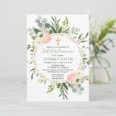 ピンク金ゴールドの緑のユーカリ第一聖餐式 招待状 (スタンド正面)