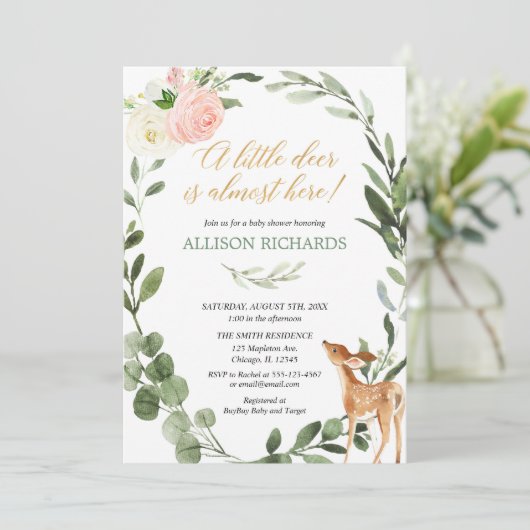 ピンク金ゴールドの緑の小さな鹿の女の子の赤ちゃんシャワー 招待状 (スタンド正面)
