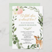 ピンク金ゴールドの緑の小さな鹿の女の子の赤ちゃんシャワー 招待状 (正面/裏面)