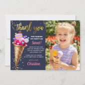 ピンク金ゴールドアイスクリーム誕生日ネイビーブルーフォト サンキューカード (正面)