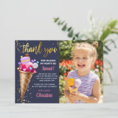 ピンク金ゴールドアイスクリーム誕生日ネイビーブルーフォト サンキューカード (スタンド正面)