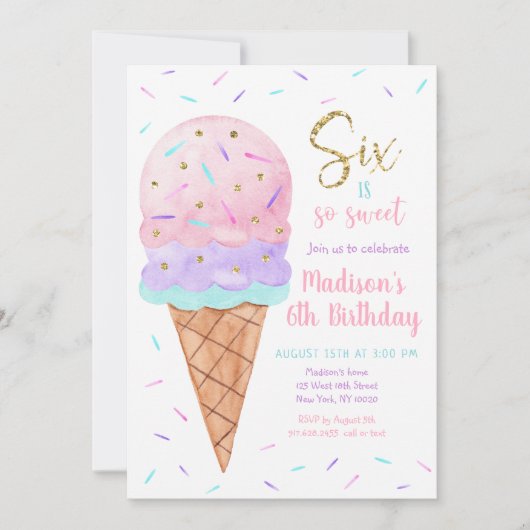 ピンク金ゴールドアイス6thクリーム誕生日 招待状 (正面)