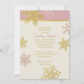 ピンク金ゴールドアイボリースノーフレーク冬ベビーシャワー 招待状 (正面)