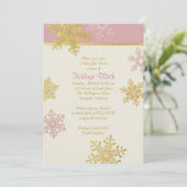 ピンク金ゴールドアイボリースノーフレーク冬ベビーシャワー 招待状 (スタンド正面)