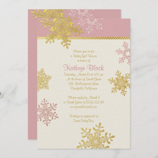 ピンク金ゴールドアイボリースノーフレーク冬ベビーシャワー 招待状 (正面/裏面)