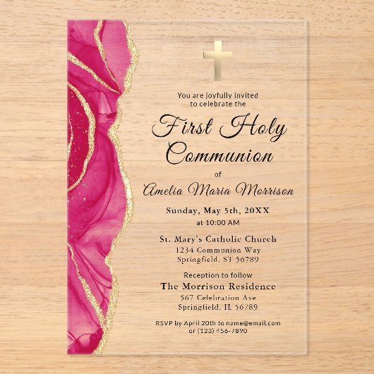 ピンク金ゴールドアゲートファースト聖体拝領ガール アクリル招待状 (正面)