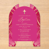 ピンク金ゴールドアゲートフェミニンエレガントモダン洗礼 アクリル招待状 (正面)