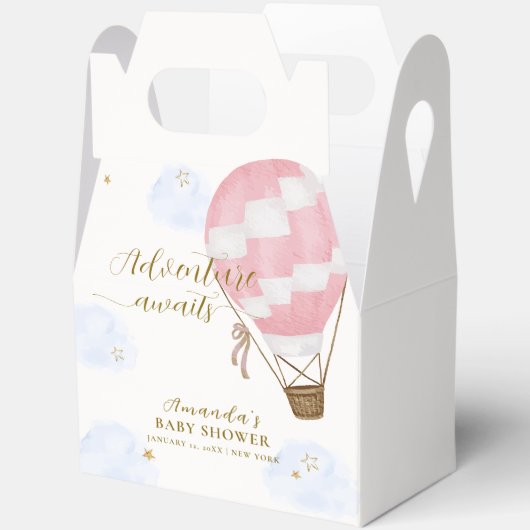 ピンク金ゴールドアドベンチャーホットエアバルーンベビーシャワー フェイバーボックス (見開き)