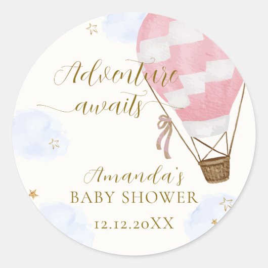 ピンク金ゴールドアドベンチャーホットエアバルーンベビーシャワー ラウンドシール (正面)