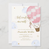 ピンク金ゴールドアドベンチャーホットエアバルーンベビーシャワー 招待状 (正面)