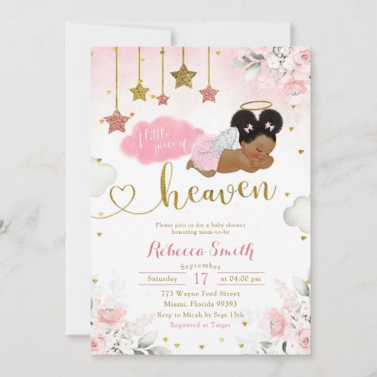 ピンク金ゴールドアフロアフリカベビーエンジェルベビーシャワー 招待状 (正面)