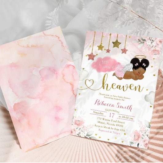 ピンク金ゴールドアフロアフリカベビーエンジェルベビーシャワー 招待状