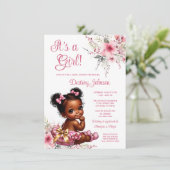 ピンク金ゴールドアフロパフラッフルパンツ女の子ベビーシャワー 招待状 (スタンド正面)