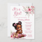 ピンク金ゴールドアフロパフラッフルパンツ女の子ベビーシャワー 招待状 (正面)