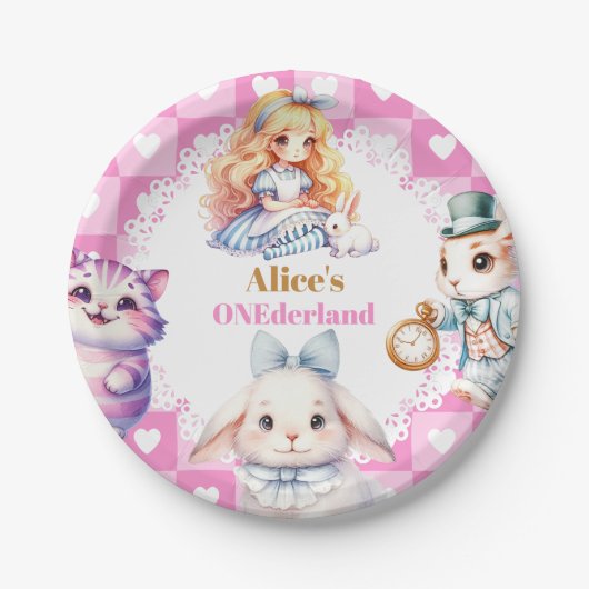 ピンク金ゴールドアリスinワンダーランド誕生日ティーパーティー ペーパープレート (正面)
