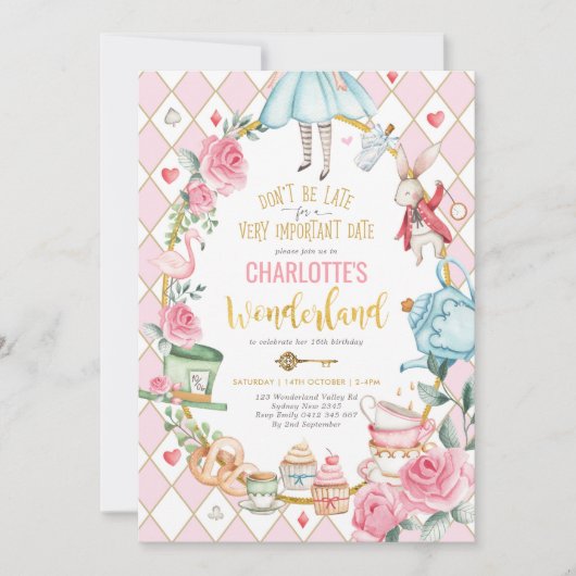 ピンク金ゴールドアリスinワンダーランド誕生日ティーパーティー 招待状 (正面)