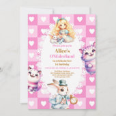 ピンク金ゴールドアリスinワンダーランド誕生日ティーパーティー 招待状 (正面)