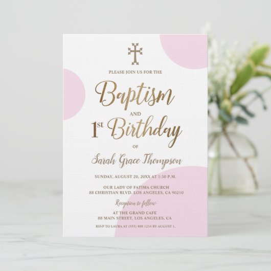 ピンク金ゴールドアルメニア人十字女の子バプテスマ1st誕生日 招待状 (スタンド正面)