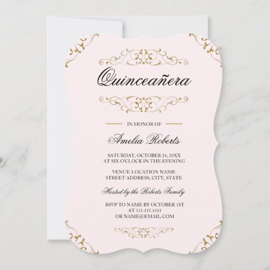 ピンク金ゴールドアンティークフローリッシュキンセアニェラ招待状 招待状 (正面)