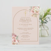 ピンク金ゴールドアーチパンパスグラスファースト聖餐式 招待状 (スタンド正面)