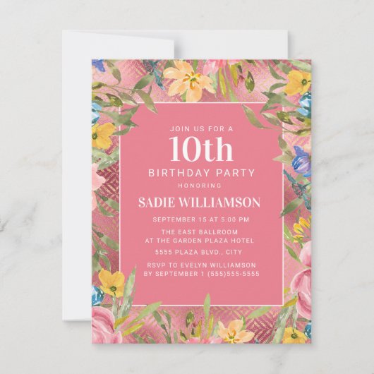 ピンク金ゴールドイエローブルーフローラガールズ10誕生日 招待状 (正面)