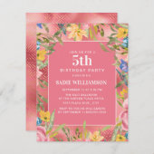 ピンク金ゴールドイエローブルーフローラガールズ5誕生日 招待状 (正面/裏面)