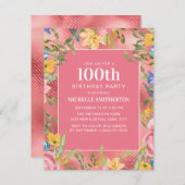 ピンク金ゴールドイエローブルーフローラ100誕生日女性 招待状 (正面/裏面)