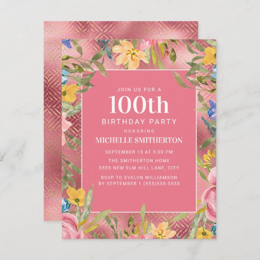 ピンク金ゴールドイエローブルーフローラ100誕生日女性 招待状 (正面/裏面)