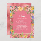 ピンク金ゴールドイエローブルーフローラ13誕生日 招待状 (正面/裏面)