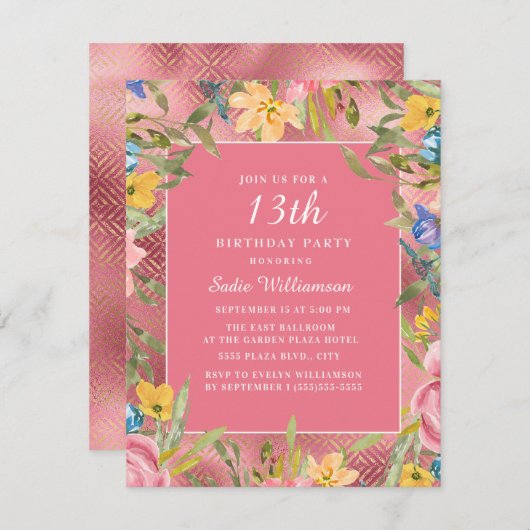ピンク金ゴールドイエローブルーフローラ13誕生日 招待状 (正面/裏面)