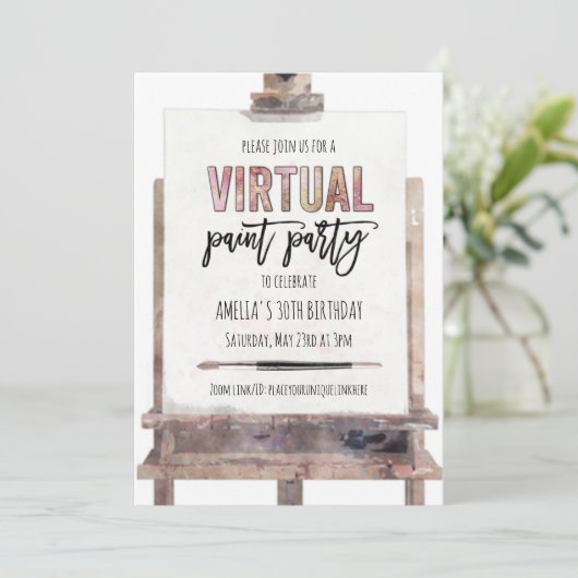 ピンク金ゴールドイーゼル仮想絵を描パーティー大人誕生日 招待状 (スタンド正面)