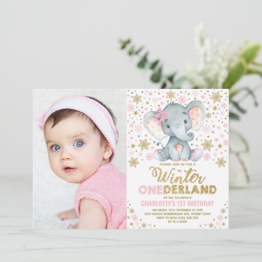 ピンク金ゴールドウィンターオネダーランドエレファント1st誕生日 招待状 (スタンド正面)