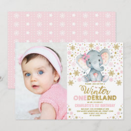 ピンク金ゴールドウィンターオネダーランドエレファント1st誕生日 招待状