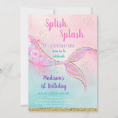 ピンク金ゴールドウォーターカラーマーメイド誕生日 招待状 (正面)