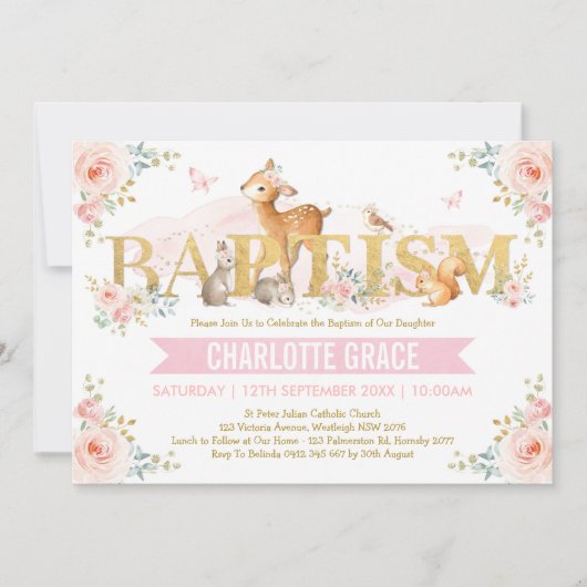 ピンク金ゴールドウッドランド動物赤面フローラバプテスマ 招待状 (正面)