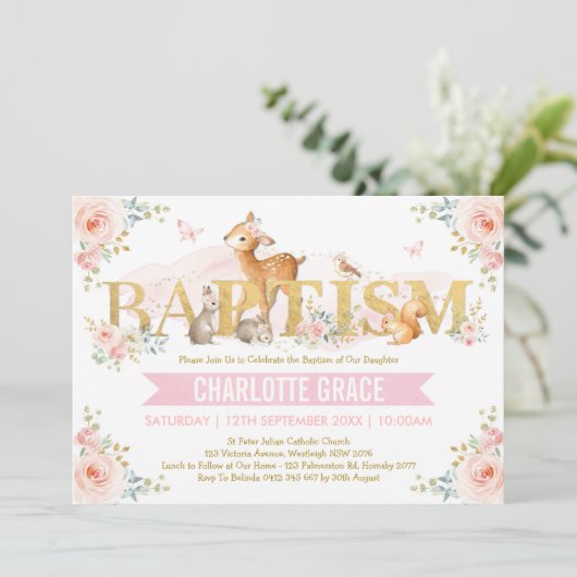 ピンク金ゴールドウッドランド動物赤面フローラバプテスマ 招待状 (スタンド正面)