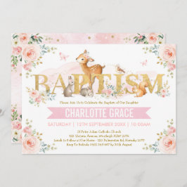 ピンク金ゴールドウッドランド動物赤面フローラバプテスマ 招待状