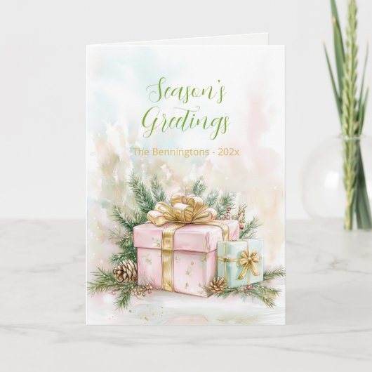 ピンク金ゴールドエレガントヴィンテージクリスマスホリデーカード シーズンカード (正面)