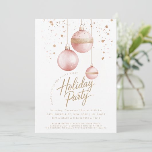 ピンク金ゴールドオーナメントエレガントクリスマスパーティー 招待状 (スタンド正面)