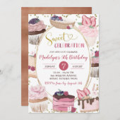 ピンク金ゴールドカップケーキスイーツお祝いガール誕生日 招待状 (正面/裏面)