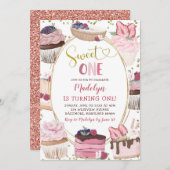 ピンク金ゴールドカップケーキスイートワン誕生日招待状 招待状 (正面/裏面)