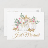 ピンク金ゴールドカボチャたった今結婚しました秋の結婚式 案内ポストカード (正面/裏面)