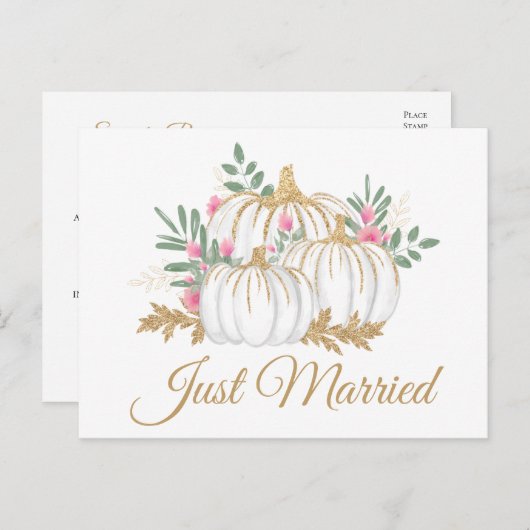 ピンク金ゴールドカボチャたった今結婚しました秋の結婚式 案内ポストカード (正面/裏面)
