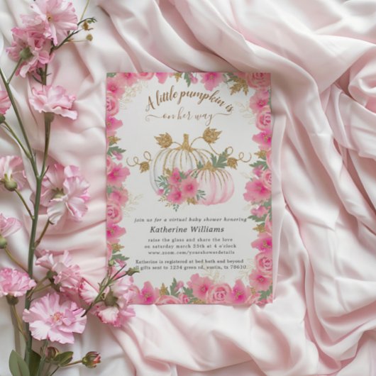 ピンク金ゴールドカボチャ仮想ベビーシャワー招待状