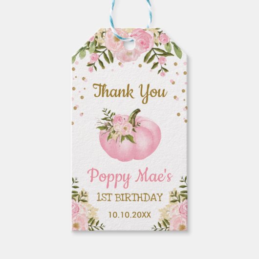 ピンク金ゴールドカボチャ女の子の誕生日パーティー秋の好意 ギフトタグ (正面)