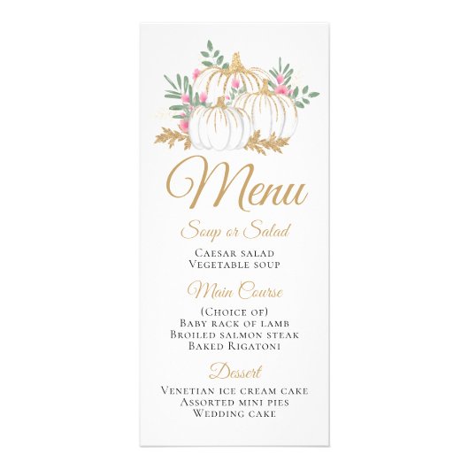 ピンク金ゴールドカボチャ感謝祭秋の結婚式メニュー ラックカード (正面)