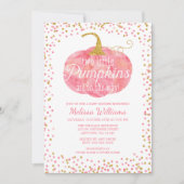 ピンク金ゴールドカボチャ秋ツインガールベビーシャワー 招待状 (正面)