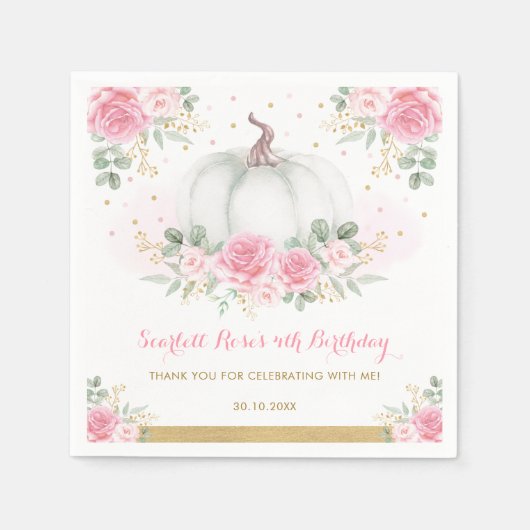 ピンク金ゴールドカボチャ秋秋フローラベビーシャワー スタンダードカクテルナプキン (正面)