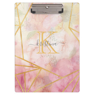 ピンク金ゴールドガーリーグリッタースパークルモノグラムフローラ クリップボード